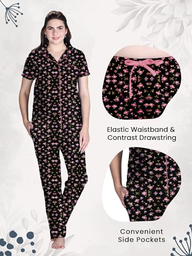 Lyra WomenS Cotton Shirt And Pyjama Printed Night Suit Black