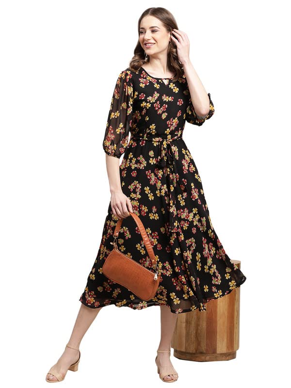 Preneum WomenS Maxi Fit & Flare Latest Style Print Georgette Regular Sleeves Casual Maxi Dress || Summer Dress Festival & Occas