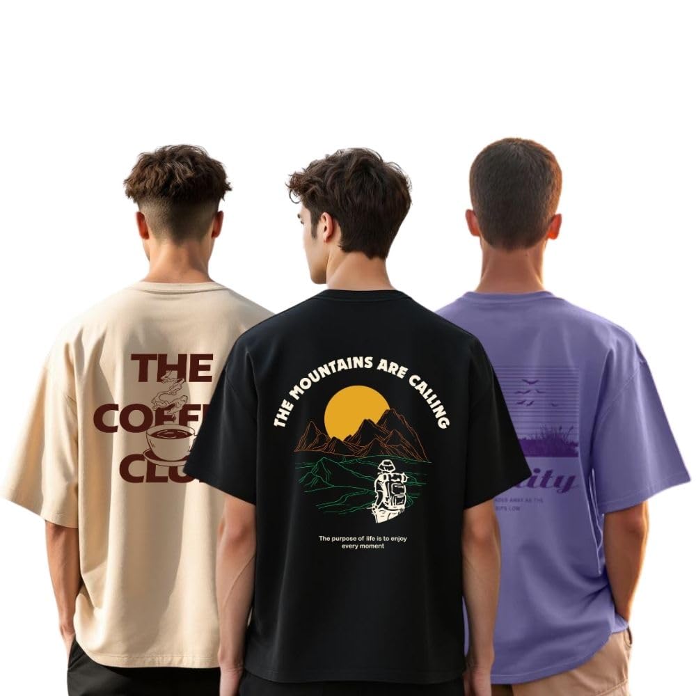 Nobero MenS Graphic Print Oversized Fit T-Shirt (1M-Twts-C0933-X_Sand/Black/Future Dusk
