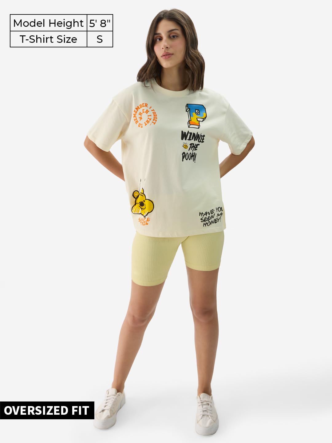 The Souled Store Disney: Winnie The Pooh Displacement Women and Girls Short Sleeve Round Neck Off White Graphic Print Oversized