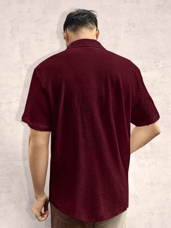 Tee Projekt Mens Popcorn Shirt Texture Pattern Mens Casual Shirt Half Sleeves Goa Beach Summer Shirt Maroon