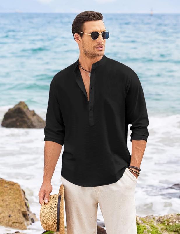 Macsivo MenS Cotton Polyester Henley Short Kurta With Mandarin Collar Long Sleeeve Button Closure Curved Hem Regular Fit | Kurt