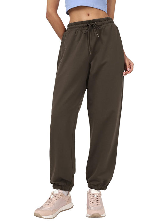 Bewakoof Womens Solid Oversized Fit Cotton Terry Joggers_649930_Brown_2XL