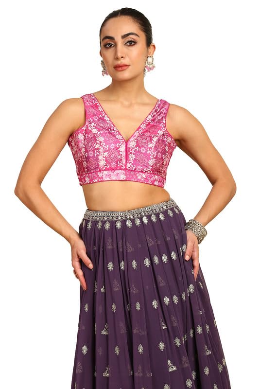 Soch Womens Magenta Floral Printed Silk Blend Padded Blouse With Sequins