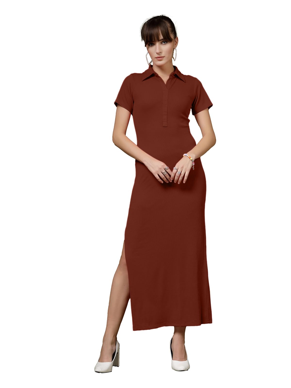 OOMPH! Womens Western & Fusion wear Stretchable Ribbed Lycra Shirt Dress for Women, Bodycon, Brown - md1119