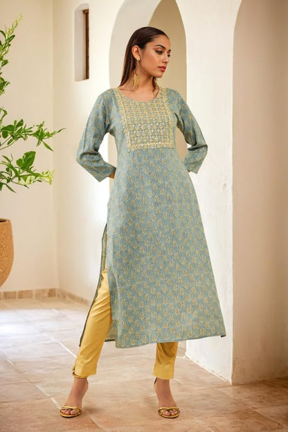 Soch Womens Blue Rayon Floral Printed Kurta With Sequinned Yoke Design