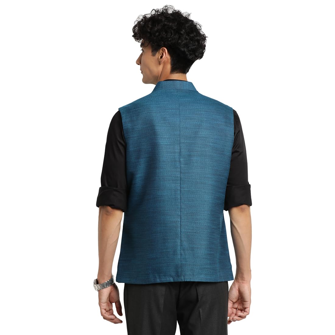 Turtle Men Poly Viscose Teal Blue Solid Party Nehru Jacket
