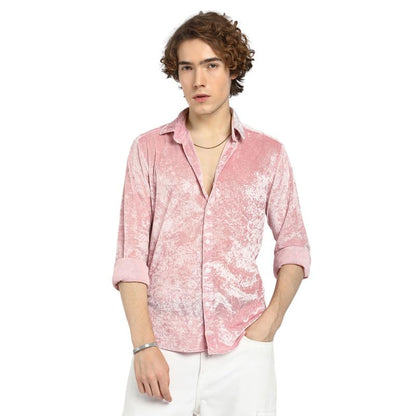 Campus Sutra Mens Blush Pink Solid Velvet Shirt for Casual Wear | Spread Collar | Long Sleeve | Button Closure | Shirt Crafted