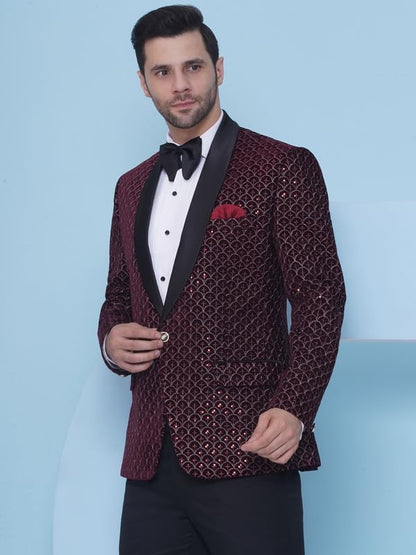 Favoroski Wedding Sequence Blazer Suit For Men | Embroidered Maroon Velvet Blazer | Relaxed Fit Blazer For Men Wedding Party | E