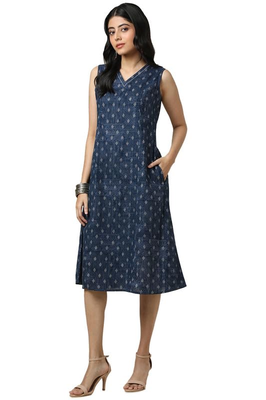 Soch Womens Indigo Cotton Slub Geometric Print Dress