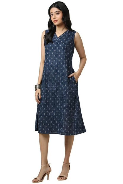 Soch Womens Indigo Cotton Slub Geometric Print Dress