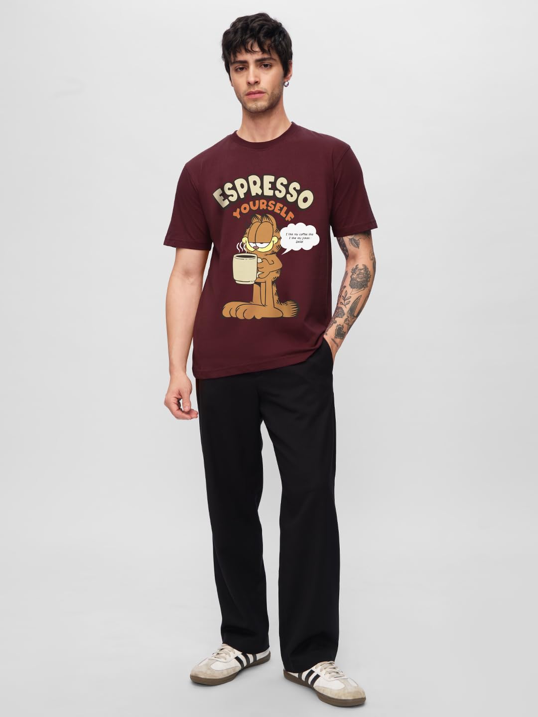 The Souled Store Official Garfield: Espresso Yourself Men and Boys Short Sleeve Round Neck Maroon Graphic Printed Regular Fit Co