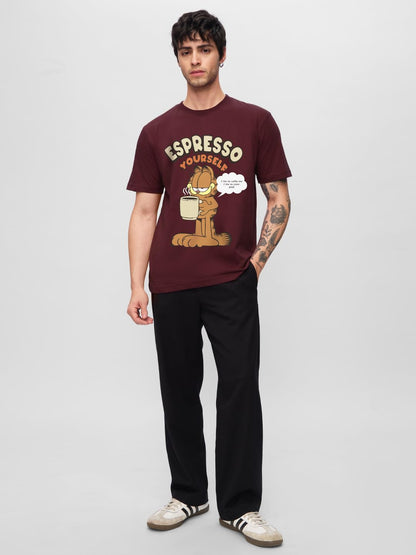 The Souled Store Official Garfield: Espresso Yourself Men and Boys Short Sleeve Round Neck Maroon Graphic Printed Regular Fit Co