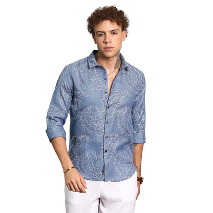 Campus Sutra Mens ICY Blue Paisley-Lined Shirt | Casual Wear | Spread Collar | Long Sleeve | Button Closure | Shirt Crafted wit