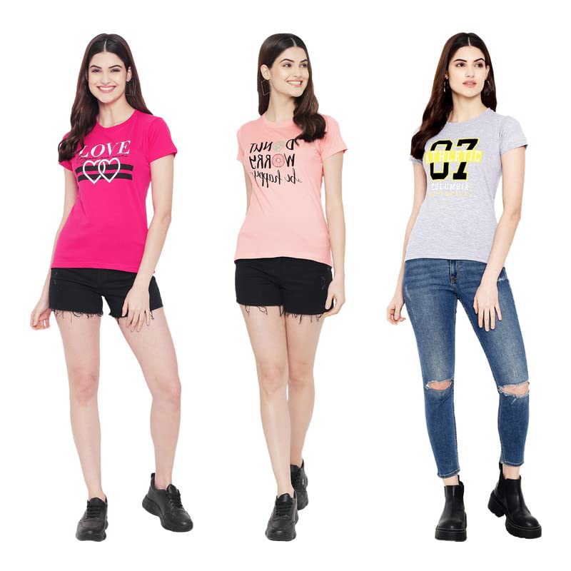 Preneum Womens Cotton Regular Fit Latest Graphic Stylish Printed Short Sleeves Casual T-Shirt || Trendy Designs & Stylish (Pack
