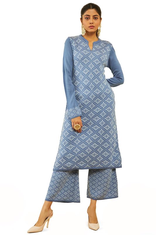 Soch Womens Acrylic Geometric Pattern Knitted Winter Straight Kurta Set