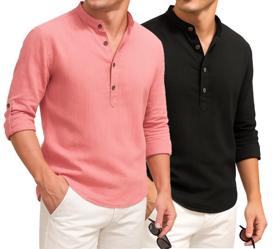 Deelmo Combo Of MenS Cotton Blend Solid Regular Fit Full Sleeve Short Kurta | MenS Trendy Short Kurta Pack Of 2
