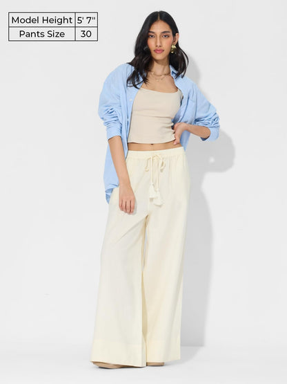 The Souled Store Cotton Linen Pant: Pristine Women and Girls Drawstringed Wide Leg Fit Cotton Linen Pants