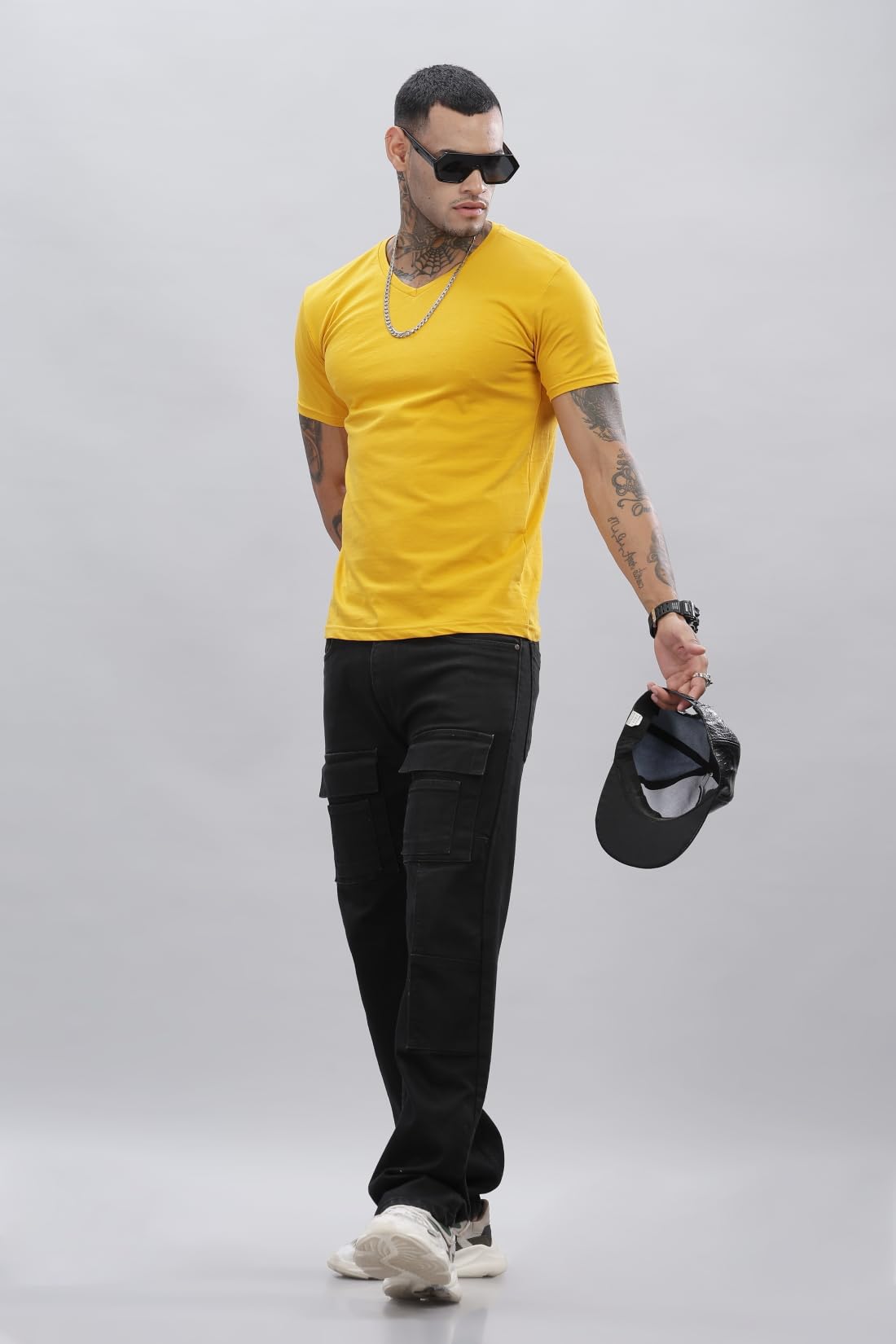 ADRO Men's V Neck Solid Cotton T-Shirt (VN-M-PLN-MU_Mustard)