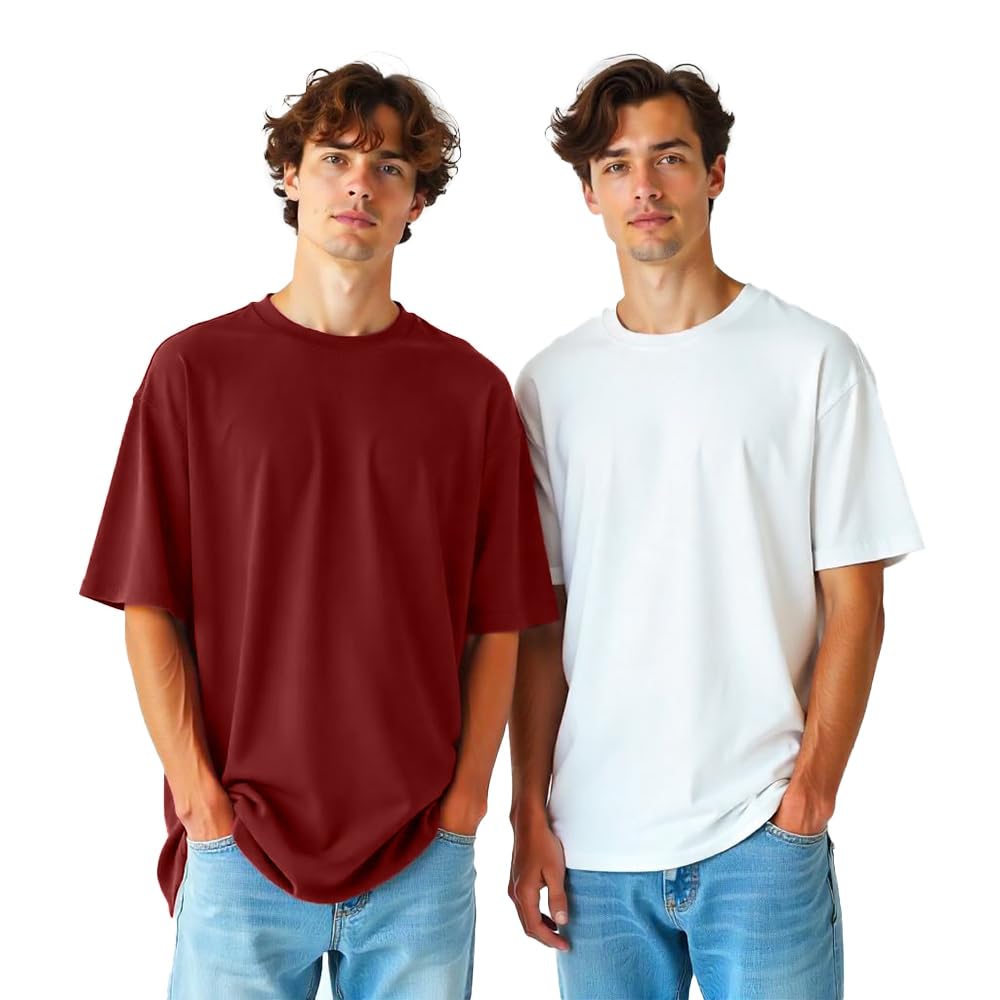 Nobero MenS Solid Oversized Fit T-Shirt (1M-Twrt-R0002_White/Wine Red