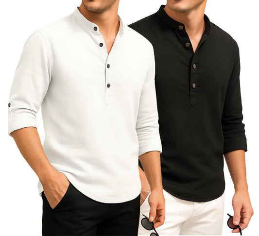 Deelmo Combo Of MenS Cotton Blend Solid Regular Fit Full Sleeve Short Kurta | MenS Trendy Short Kurta Pack Of 2 White - Black