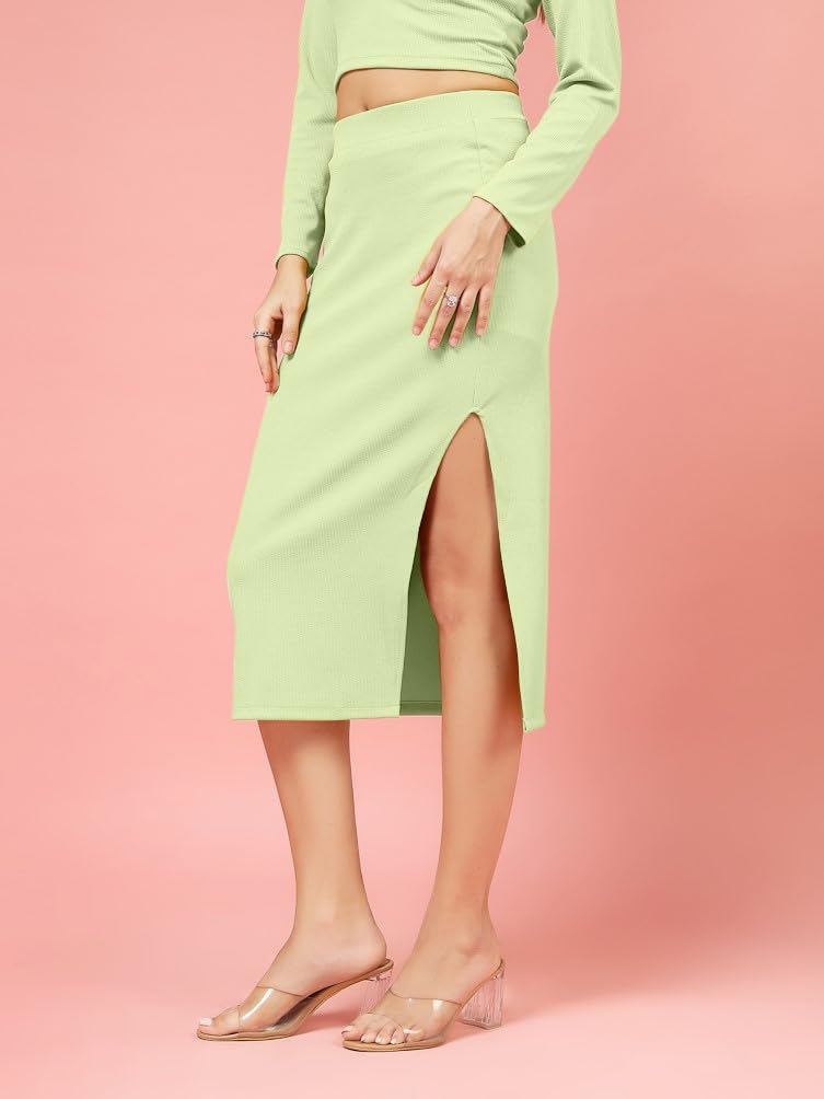OOMPH! Ribbed Lycra Pencil Skirt with Side Slit for Women Green - msk246