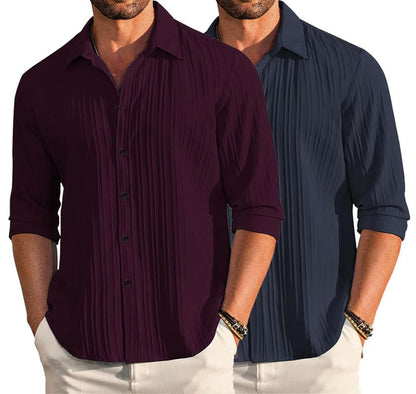 Deelmo Combo Of MenS Casual Button Down Shirts Long Sleeve Linen Shirt Fashion Textured Summer Shirts Pack Of 2