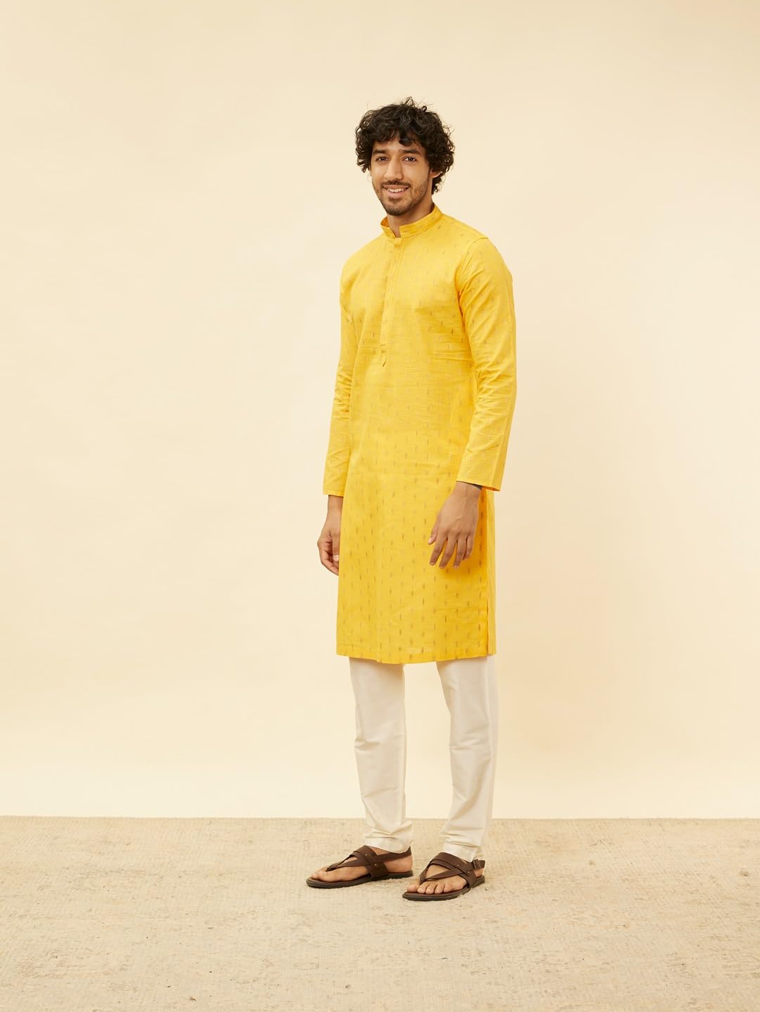 Manyavar MenS Mustard Cotton Self Design Kurta Pyjama Set