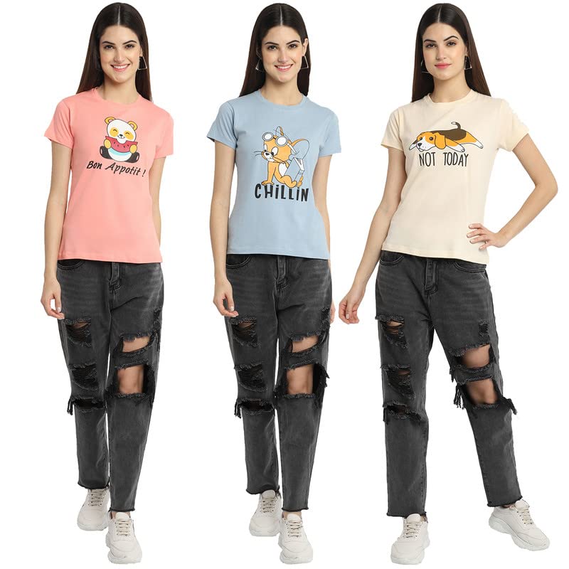 Preneum Womens Cotton Regular Fit Latest Graphic Stylish Printed Short Sleeves Casual T-Shirt || Trending & Style (Pack 3), Pin