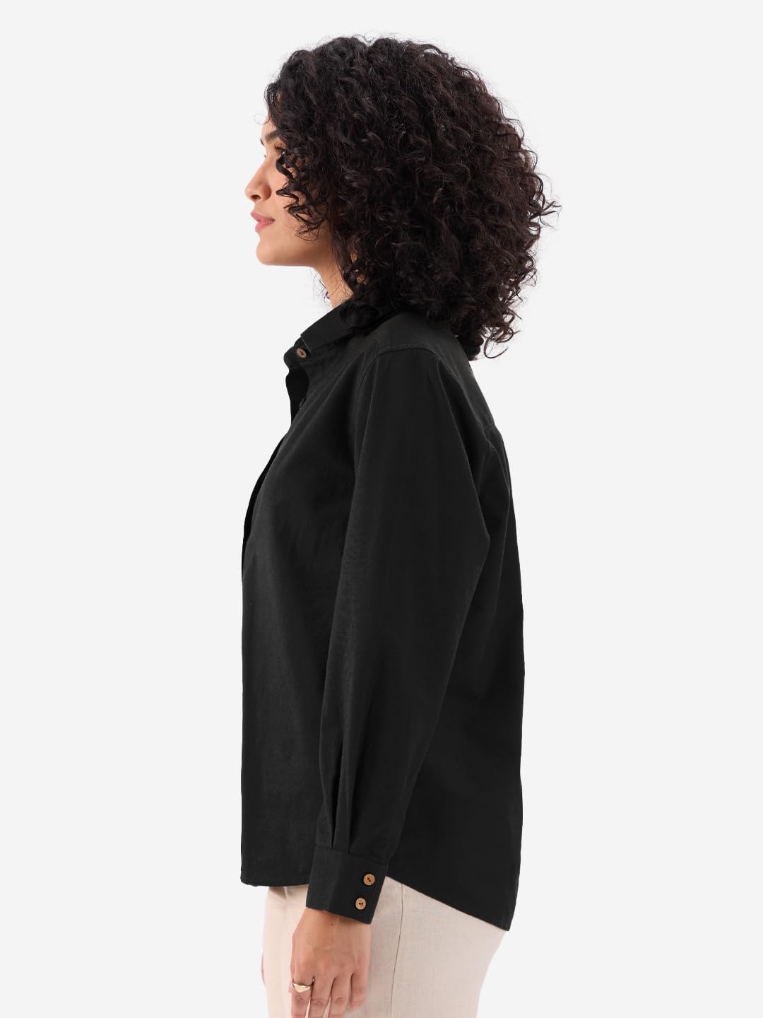 The Souled Store Black: Women & Girls Long Sleeve Collared Neck Button Down Regular Fit Cotton Linen Shirts