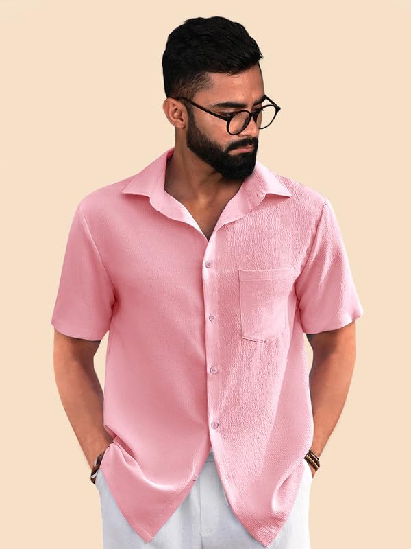 PinkMint Popcorn Shirt for Men ll Textured Shirts for Men ll Stylish Half Sleeve Shirt ll Goa Wear ll Regular Fit Shirt Pink
