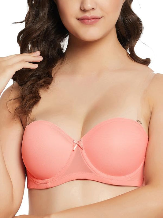 Clovia Womens Cotton Padded Underwired Demi Cup Strapless T-Shirt Bra with Transparent Straps & Band (BR1925P34_Orange_32C)