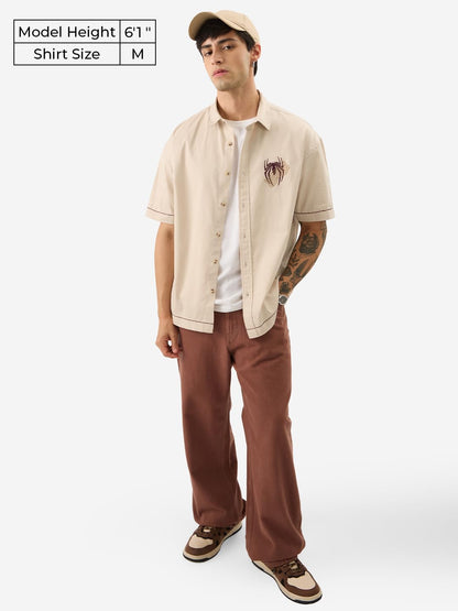 The Souled Store Official Spider-Man: Friendly Neighbourhood Hero Men and Boys Short Sleeve Collared Neck Button Front Beige Gra