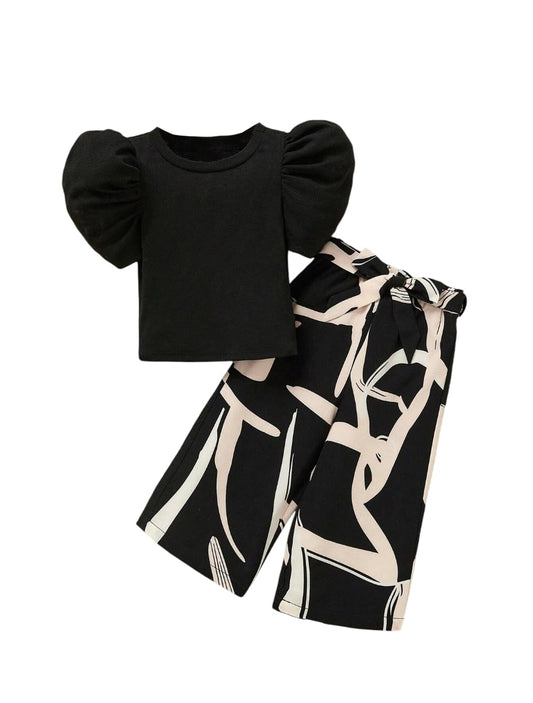 TAGAS Girl Summer Casual Top Puff Sleeve and Printed Long Pants 2pcs Outfit || Two-Piece Set FOR GIRLS || girls dress ||Clothing