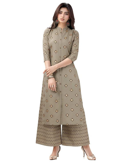 SMOWKLY Premium Womens Cotton Blend Motif Chevron Print Kurta Palazzo Set || Regular Fit 3/4 Sleeve Chinese Collar || Modern Et