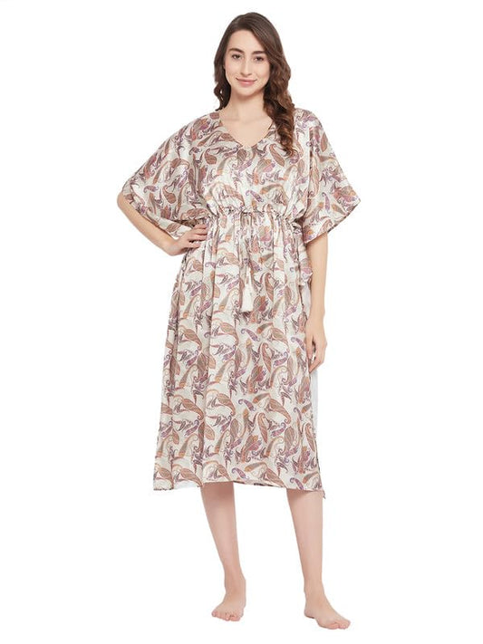 Clovia Womens Satin Printed Short Kaftan (NS5865R24_Beige_XL)