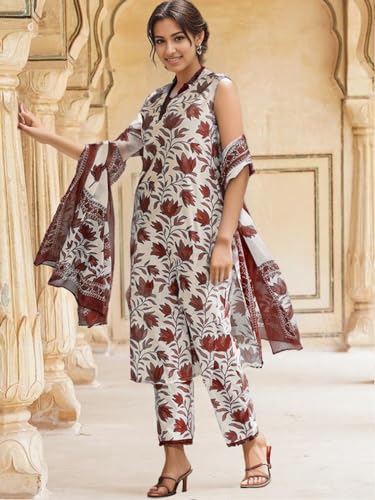 Shienzy WomenS Printed Cotton Blend Sleeveless V-Neck Kurta Pant Dupatta Set || Stylish Indo-Western Kurti For Wedding, Festive