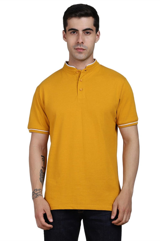 Dennis Lingo MenS Cotton Mustard Solid Stand Collar T-Shirt