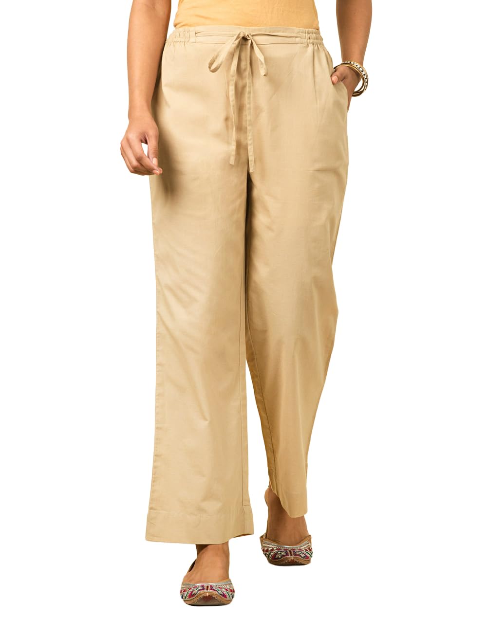 Fabindia Women's Beige Cotton Solid Comfort Fit Casual Pant