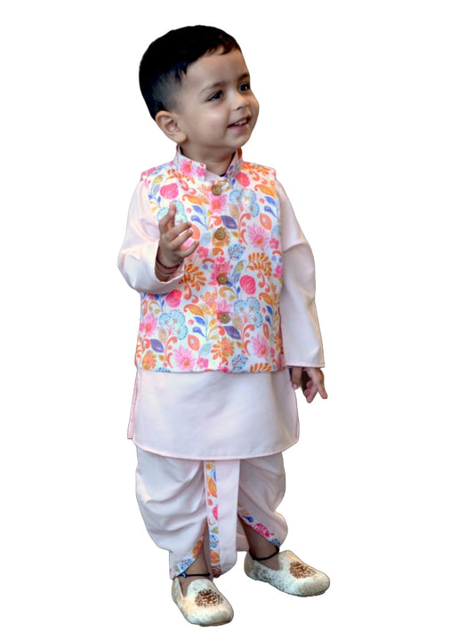 A.T.U.N. (All Things Uber Nice) Boys Pink Kurta Dhoti With Multi Floral Printed Nehru Jacket (3 Piece Set)