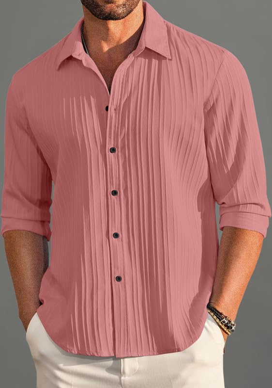 Macsivo Combo Of MenS Casual Button Down Shirts Long Sleeve Linen Shirt Fashion Textured Beach Summer Shirt Pack Of 2