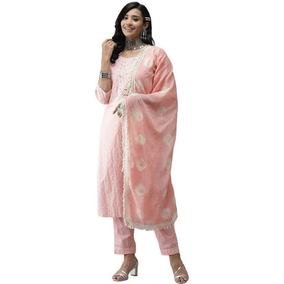 anubhutee Women's Pink Yoke Design Regular Gotta Patti Pure Cotton Kurta Suit Set with Palazzos & Dupatta
