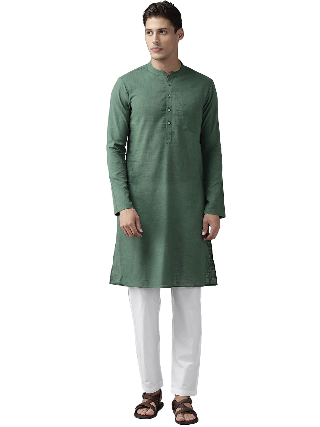 See Designs Green & White Cotton Regular Fit Kurta Set Madern Collar Stright Hem Side Full Sleeve Straght Kurta With Pyjama_Sdkt