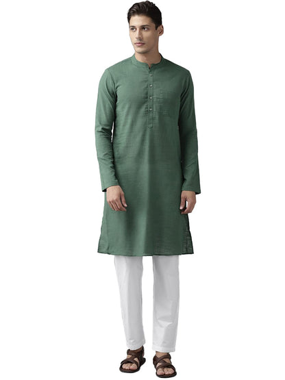 See Designs Green & White Cotton Regular Fit Kurta Set Madern Collar Stright Hem Side Full Sleeve Straght Kurta With Pyjama_Sdkt