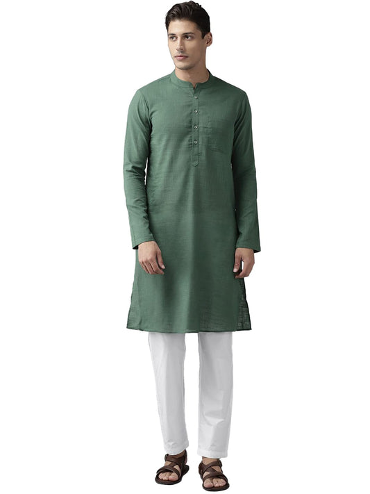 See Designs Green & White Cotton Regular Fit Kurta Set Madern Collar Stright Hem Side Full Sleeve Straght Kurta With Pyjama_Sdkt
