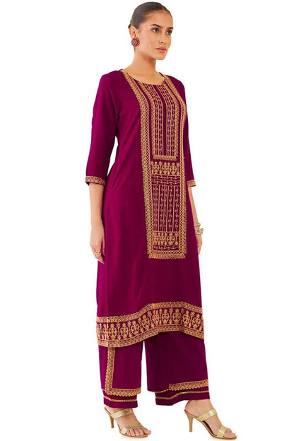 Soch Women Magenta Rayon Straight Embroidered Kurta With Layered Palazzo And Lace Insertion