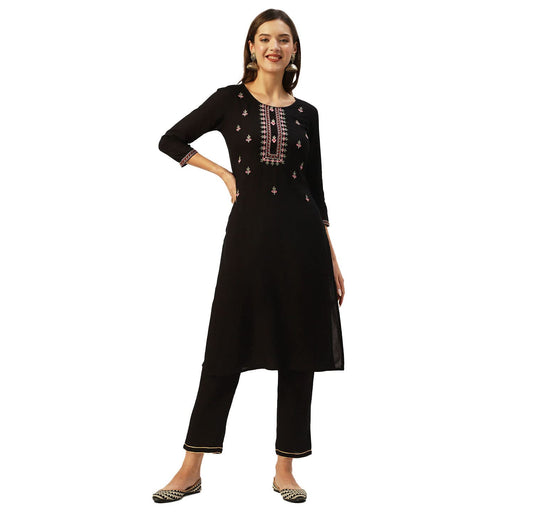 anubhutee Women's Black Ethnic Embroidered Kurta set with Pants