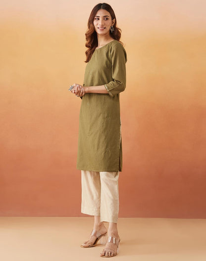 Fabindia WomenS Cotton Embroidered Regular Fit Kurta (1039126Olive_Olive