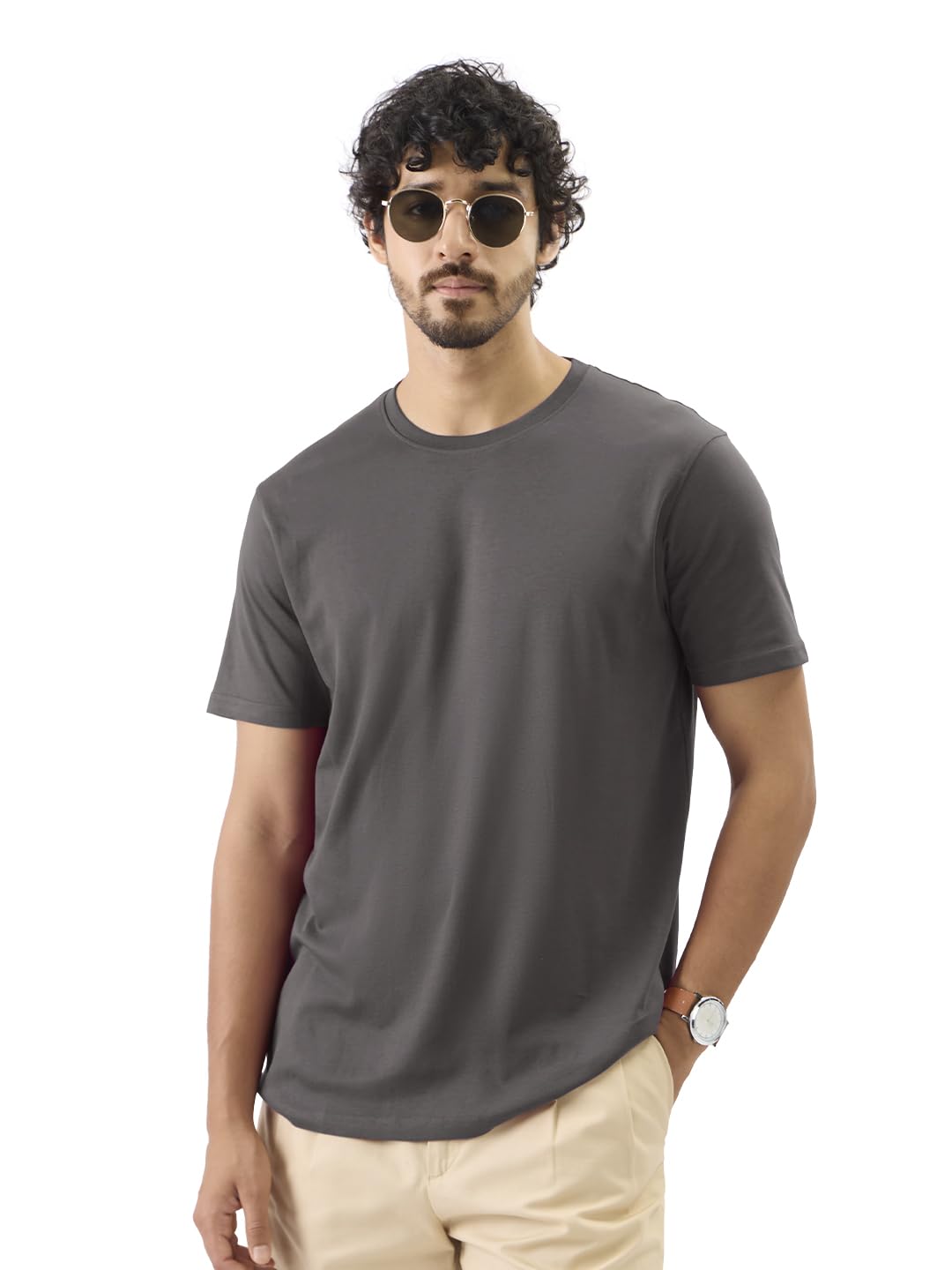 The Souled Store Supima: Dark Grey Men and Boys Short Sleeve Round Neck Solid Regular Fit Supima Cotton T-Shirts