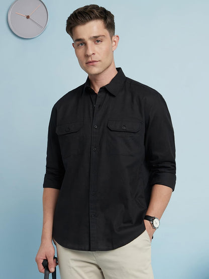 Dennis Lingo Men Linen Blend Regular Fit Solid Shirts Black